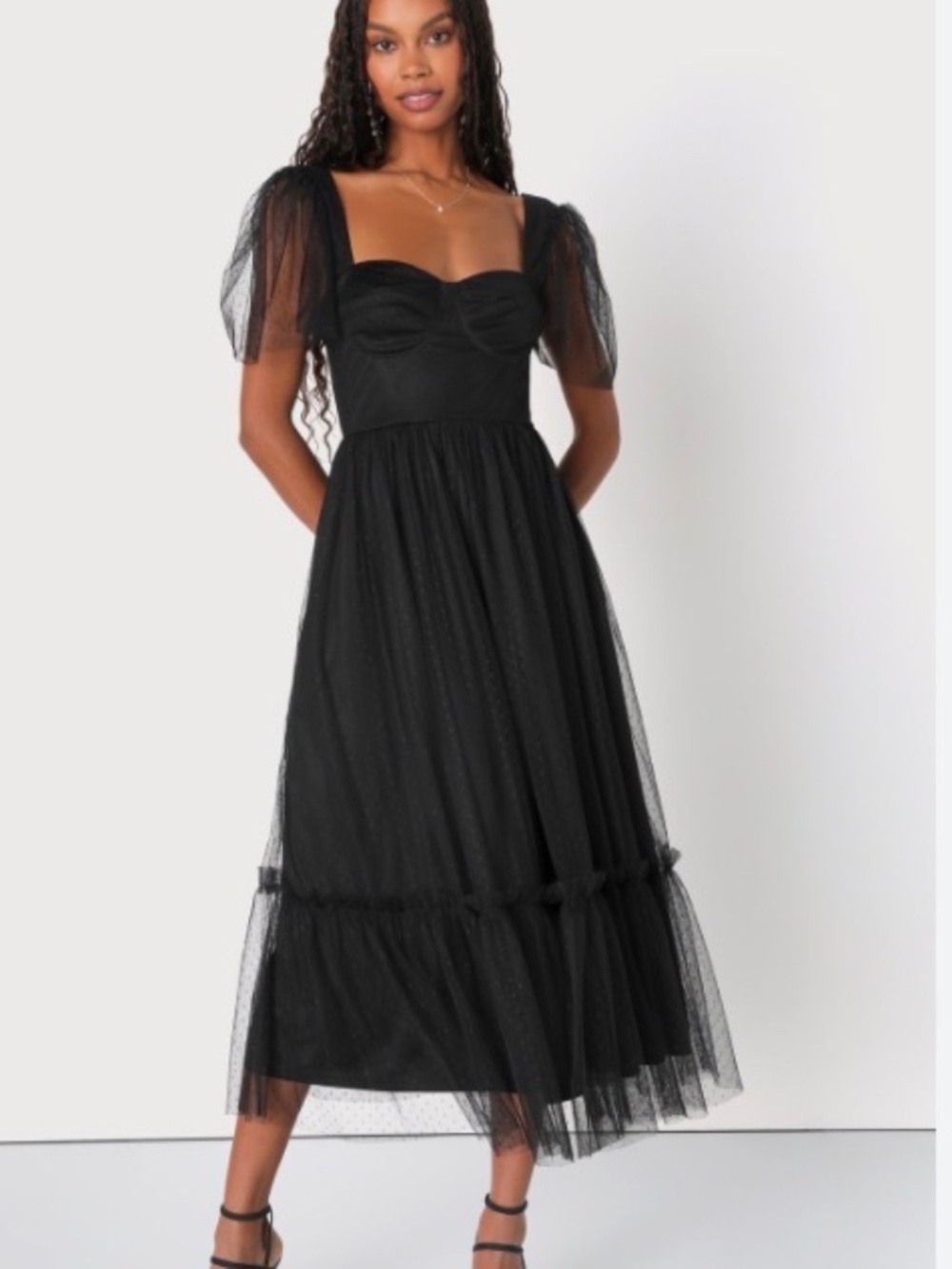 ⭐️ Lulus Dreamy Celebration Black Tulle Bustier Swiss Dot Midi Dress - size M